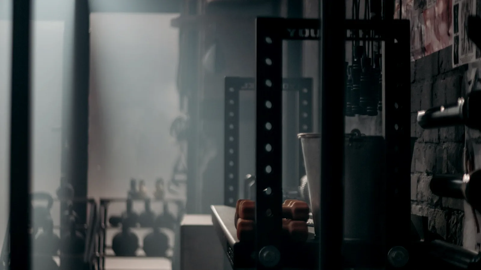 A dark gym interior with weights and equipment racked.