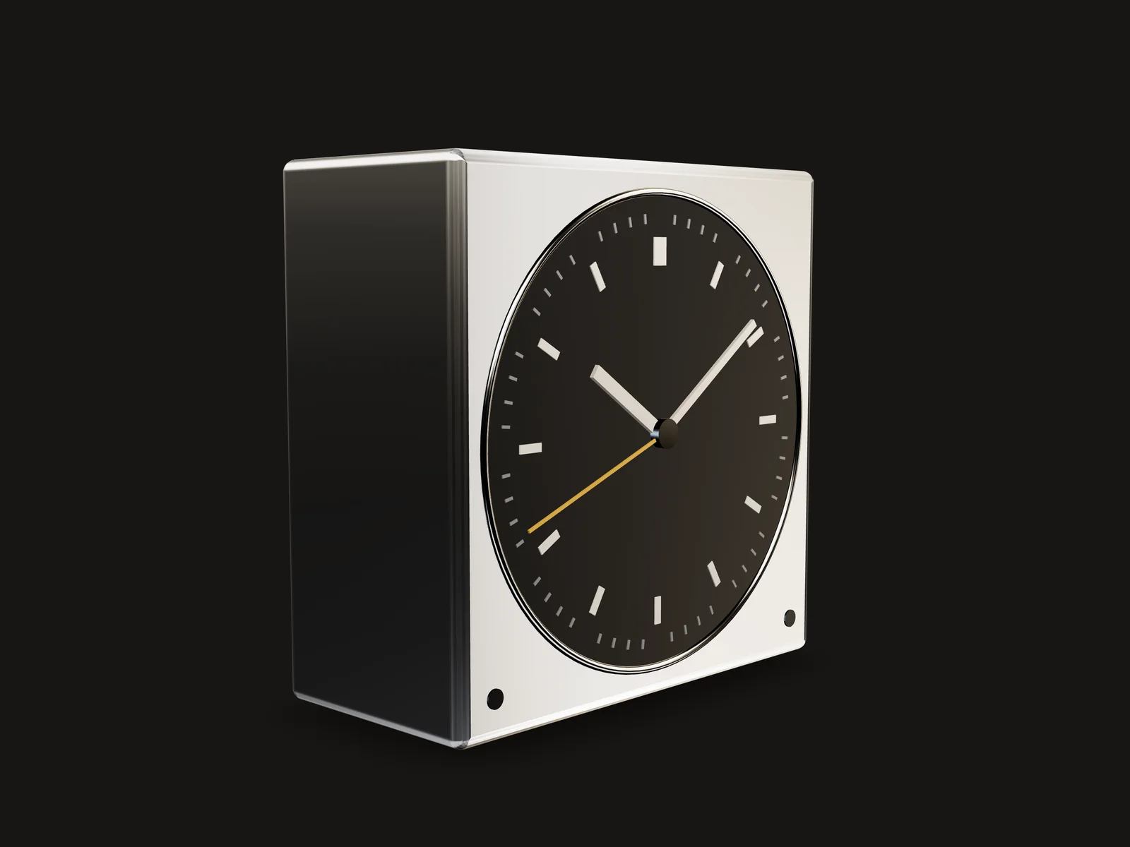 The Monolith desk clock: a brushed titanium block with a recessed black dial, applied batons, a minute track and three hands, lit from above left.